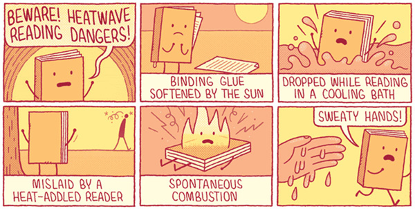 Cartoon describing the struggles while reading in hot weather