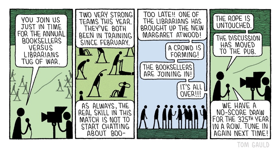 Cartoon of book lovers vs librarians in a tug-of-war match fighting for their love of books